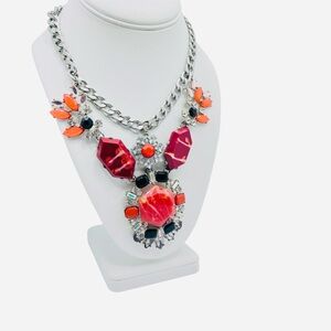 J.Crew, Coral Color, Silvertone Curb Chain, Statement, Bib Necklace Runway